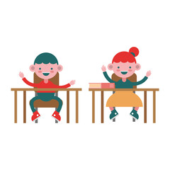 little students girls in school desks comic characters