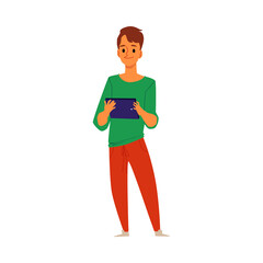 Cartoon man holding a tablet and smiling - modern device user
