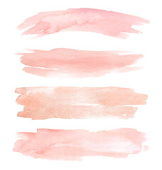 Set of peach watercolor hand painting brush stroke texture. Abstract collection isolated on white background. Makeup elements for design.