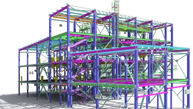 Presentation of 3D BIM modeling of buildings made of metal structures for presentation to the General contractor, subcontractors and construction customer. 3D rendering.