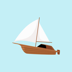 Wooden sailboat with outboard engine - motorboat with white sails i