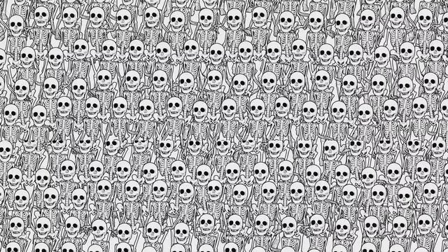 Seamless animation of skeletons catwalking in printed drawn style cartoon. Funky halloween background with marker stroke effect in black and white.