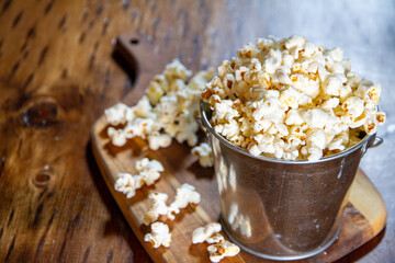 Fresh Popcorn wooden bench tin container top view