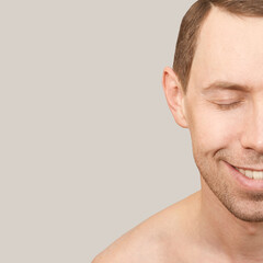Obraz premium Smiling white man. Beauty cosmetology portrait. Closed eyes. Smile male person. Dream about travel. Clean skin procedure. Laugh handsome adult. Beige background. Calm relax concept.