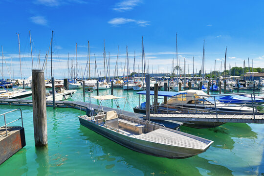 Konstanz, Germany,  Yacht marina at harbor of Lake Constance on sunny summer day