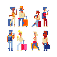 Tourists characters. Vector set of people traveling. Pixel art. Waiting at the airport. People traveling with suitcases. Woman and man holding phone ready for vacation travel at the airport.