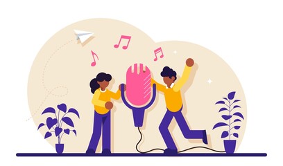 Sound record concept. Group of people standing near microphone and sing a song. Modern flat illustration.