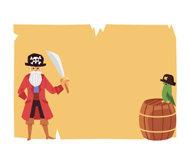 Treasure map background with old pirate and parrot, flat vector illustration.