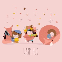 Cute cartoon girls hugging foxes. Best friends