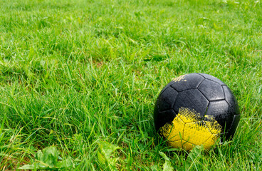 A black soccer ball is lying on the green grass. 