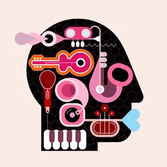 Poster Abstract Art Human head shape design consisting with a different musical instruments vector illustration. Black silhouette on a light background.