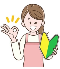 初心者マークを持つ若い主婦のイラスト
