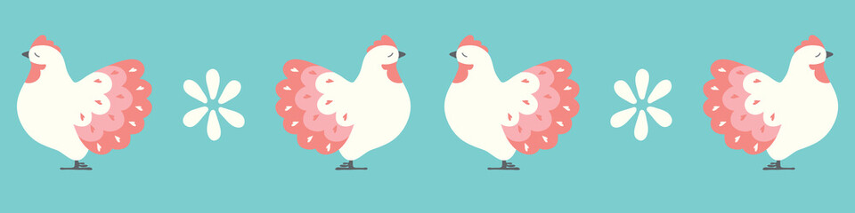 Hen pattern border design. Vector farm chicken repeat banner backgound.
