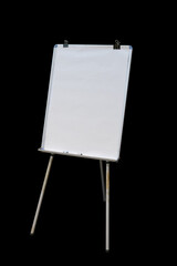 Flipchart on easel with blank white paper set for presentation.