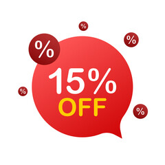 15 percent OFF Sale Discount Banner. Discount offer price tag. 15 percent discount promotion flat icon with long shadow. Vector illustration.