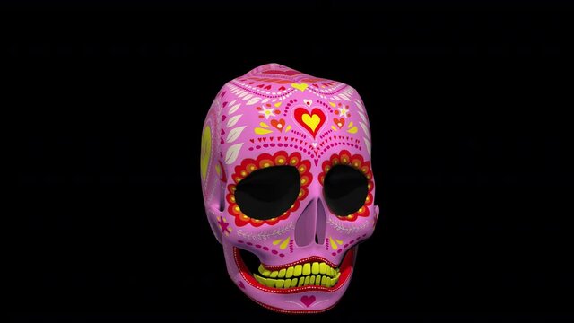 Seamless animation mexican sugar candy skull printed drawn style cartoon isolated with alpha channel. Hypnotic halloween background with comic halftone effect.