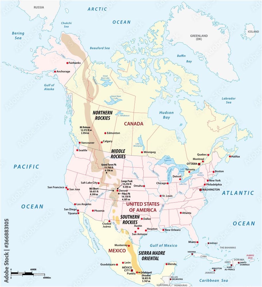 Wall mural Vector outline map of the Rocky Mountains in North America