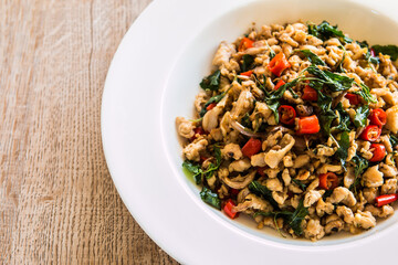Stir fried chicken with basil, Thai famous street food