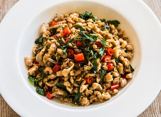Stir fried chicken with basil, Thai famous street food