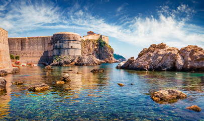 Fototapeta na wymiar Spectacular morning view of famous Fort Bokar in city of Dubrovnik. Magnificent summer seascape of Adriatic sea, Croatia. Beautiful world of Mediterranean countries. Traveling concept background.