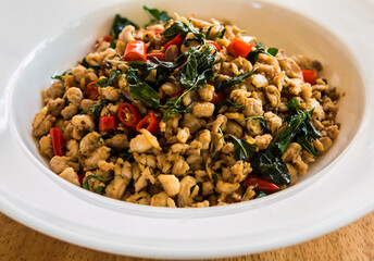 Stir fried chicken with basil, Thai famous street food