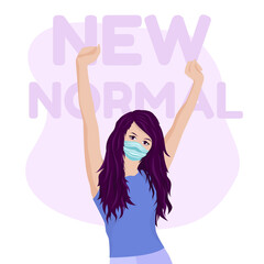 Vector of a business woman with hands up in the air and medic mask in the new normal Covid-19 era. Dark haired happy lady in face mask. Go to work concept during new normal life. Wear mask