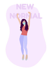 Vector of a business woman with hands up in the air and medic mask in the new normal Covid-19 era. Dark haired lady with mask in t-shirt and pants. Go to work concept during new normal life. Wear mask