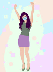 Obraz na płótnie Canvas Vector of a business woman with hands up in the air and medic mask in the new normal Covid-19 era. Dark haired lady with mask in t-shirt and skirt. Go to work concept during new normal life. Wear mask