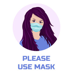 Dark haired lady in medicine mask in the new normal Covid-19 era. Please use mask message. Wear mask after reopening for cafe invitation, restraurant, bar, welcome message. Protective warning