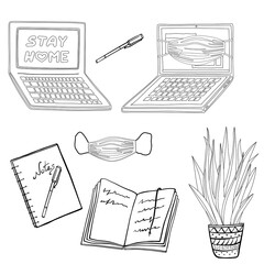 Set of remote work attributes. Online work related icons notebook, planner, pen, laptop, medical mask, plant in pot. Can use for backgrounds, infographics, print, sticker. Isolated modern vector set