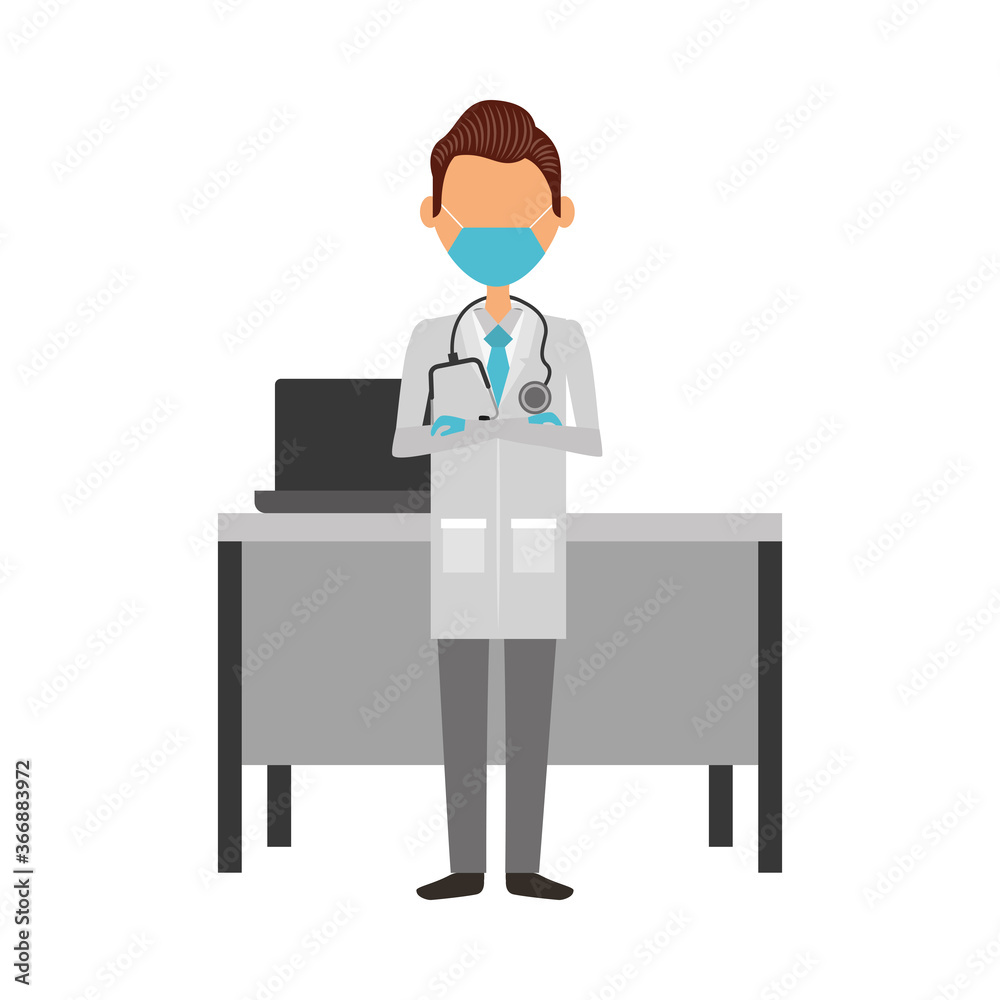 Sticker young male doctor wearing medical mask in the office character