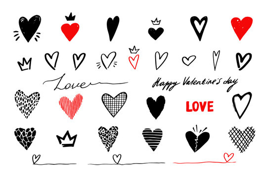 Hand drawn heart, crown, love sign. Black paint handdrawn transparent hearts shape. Romantic outline illustrated logo, freehand isolated elements ror wedding invitation design. Pencil valentine's day