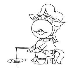 Coloring book for kids - unicorn is fishing. Black and white cute cartoon unicorns. Vector illustration.