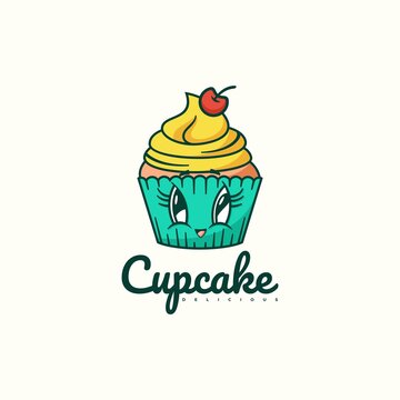 Vector Logo Illustration Cup Cake Simple Mascot Style.