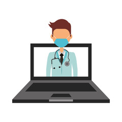 young male doctor wearing medical mask in laptop