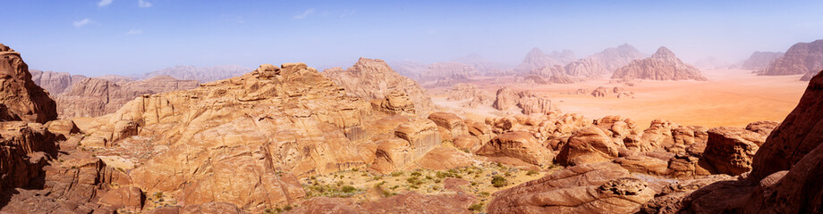 Fototapeta premium panorama of the Wadi Rum desert in Jordan as seen from Burdah Rock Mountain.
