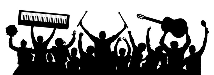 Musicians silhouette. Crowd of people with musical instruments