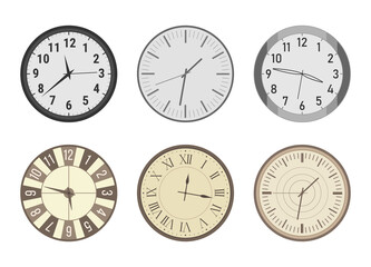 Set of modern and vintage clocks. Isolated vector illustration icons. Office and home flat clocks.
