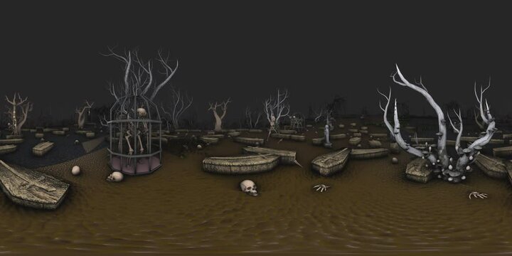 Equirectangular environment map projection of a creepy cemetery at night. Spherical panorama 360 virtual reality 3D Halloween action background of a dark graveyard with tombs, skeletons, dead trees 