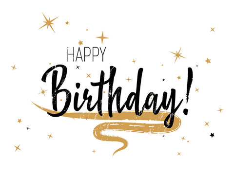 Ink Happy Birthday lettering, greeting card calligraphic design with gold star sparkles.