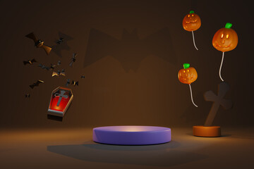 podium and candle light in balloon pumpkin with transparent glass coffin for happy halloween ,Concept 3d illustration or 3d render