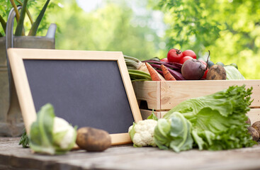 harvest, food and agriculture concept - close up of vegetables with chalkboard on farm