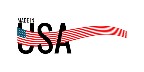 Made in USA calligraphy and United States of America waving white and red stripes flag. National  product stamp icon isolated on white background. Vector illustration