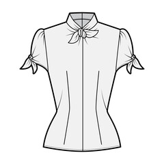 Knotted cutout blouse technical fashion illustration with high neckline, puffed volume sleeves, back zip fastening. Flat apparel template front, grey color. Women men unisex garment CAD mockup