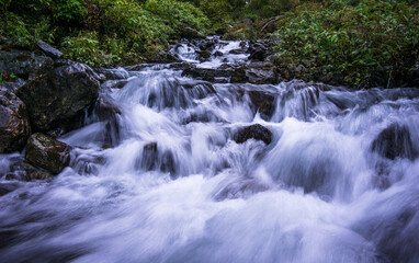 Obraz premium Waterfall or flowing water on a stream in Langtang National Park in Nepal.