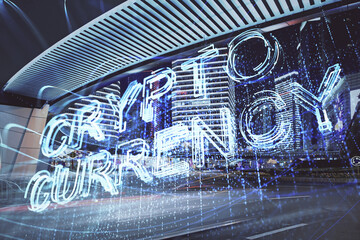 Multi exposure of cryptocurrency theme hologram drawing and city veiw background. Concept of...