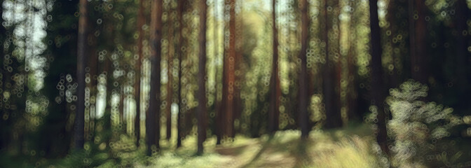 Fototapeta na wymiar landscape summer forest glare sun bokeh blurred background, abstract view of trees