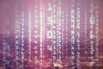 Data theme hologram drawing on city view with skyscrapers background double exposure. Ai concept.