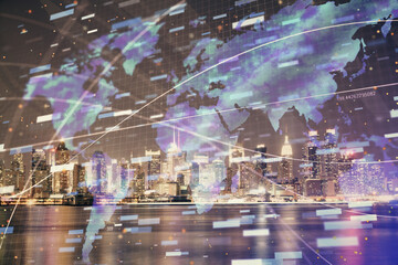 Fototapeta premium Data theme hologram drawing on city view with skyscrapers background multi exposure. Ai concept.