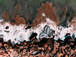 Aerial View Seascape, Ocean Waves Crashing, Rocky Drone Photography